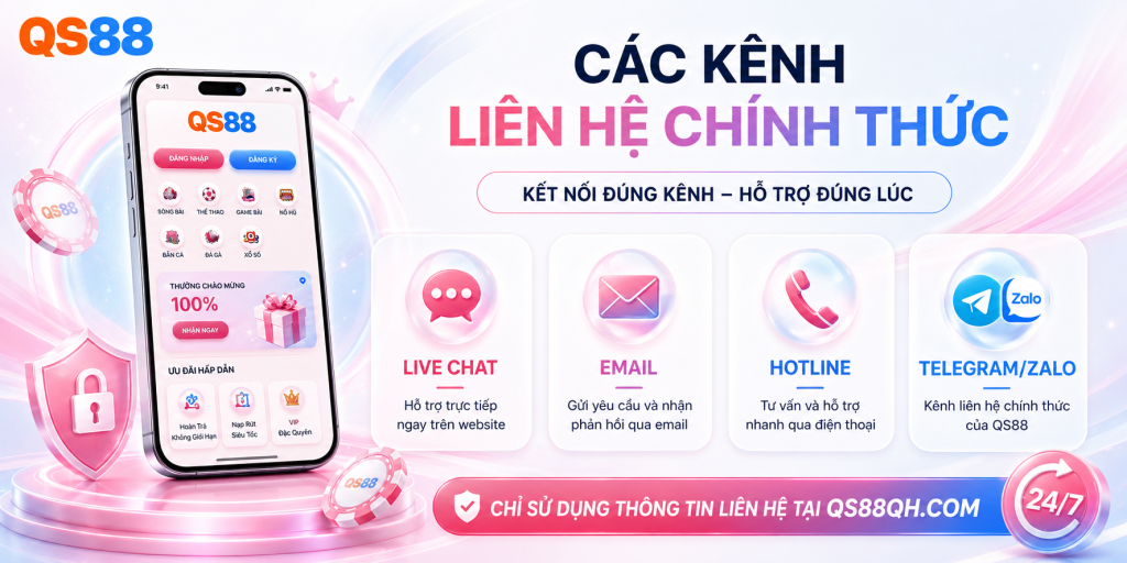 Các kênh liên hệ QS88 chính thức gồm Live Chat Email Hotline Telegram và Zalo